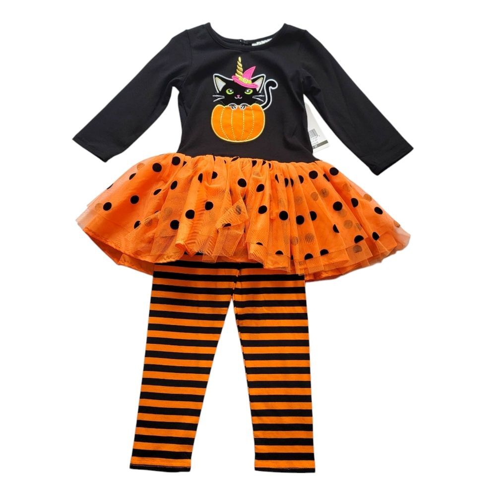 Toddler Girls 3T Halloween Black Cat Pumpkin Tutu Outfit NWT